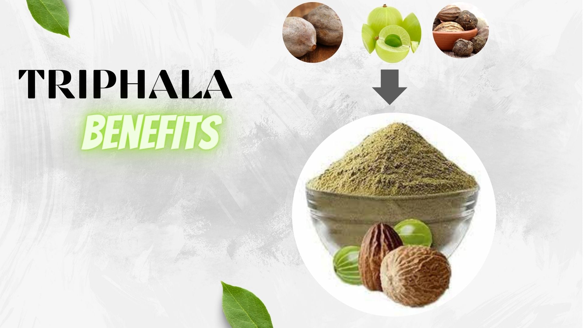 Triphala powder and the three fruits (Amla, Haritaki, Bibhitaki) displayed with text 'Triphala Benefits' on a light background