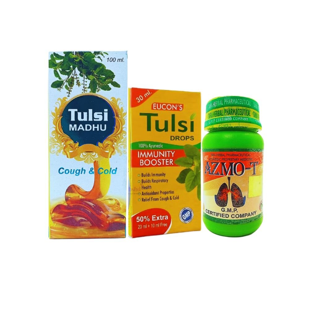 Ayurvedic Tulsi Madhu syrup & Tulsi drops & Azmo-T capsulefor cough (combo)