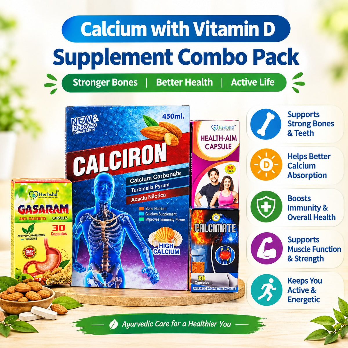 Calcium with Vitamin D Supplement Combo Pack for Joint Health Support