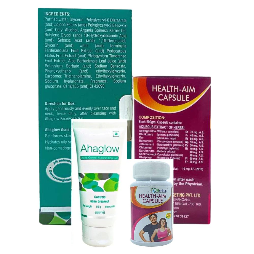 Ahaglow Acne Control Moisturizing Gel And Health Aim Capsule Combo Pack