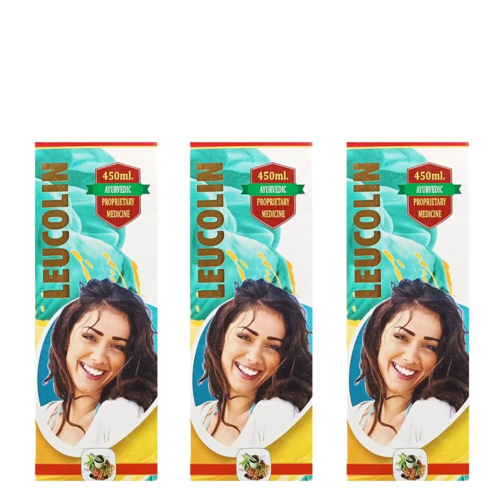 Ayurvedic Leucolin syrup 450 ml to reduce irregular menstruation and white discharge in women.(pack of 3)