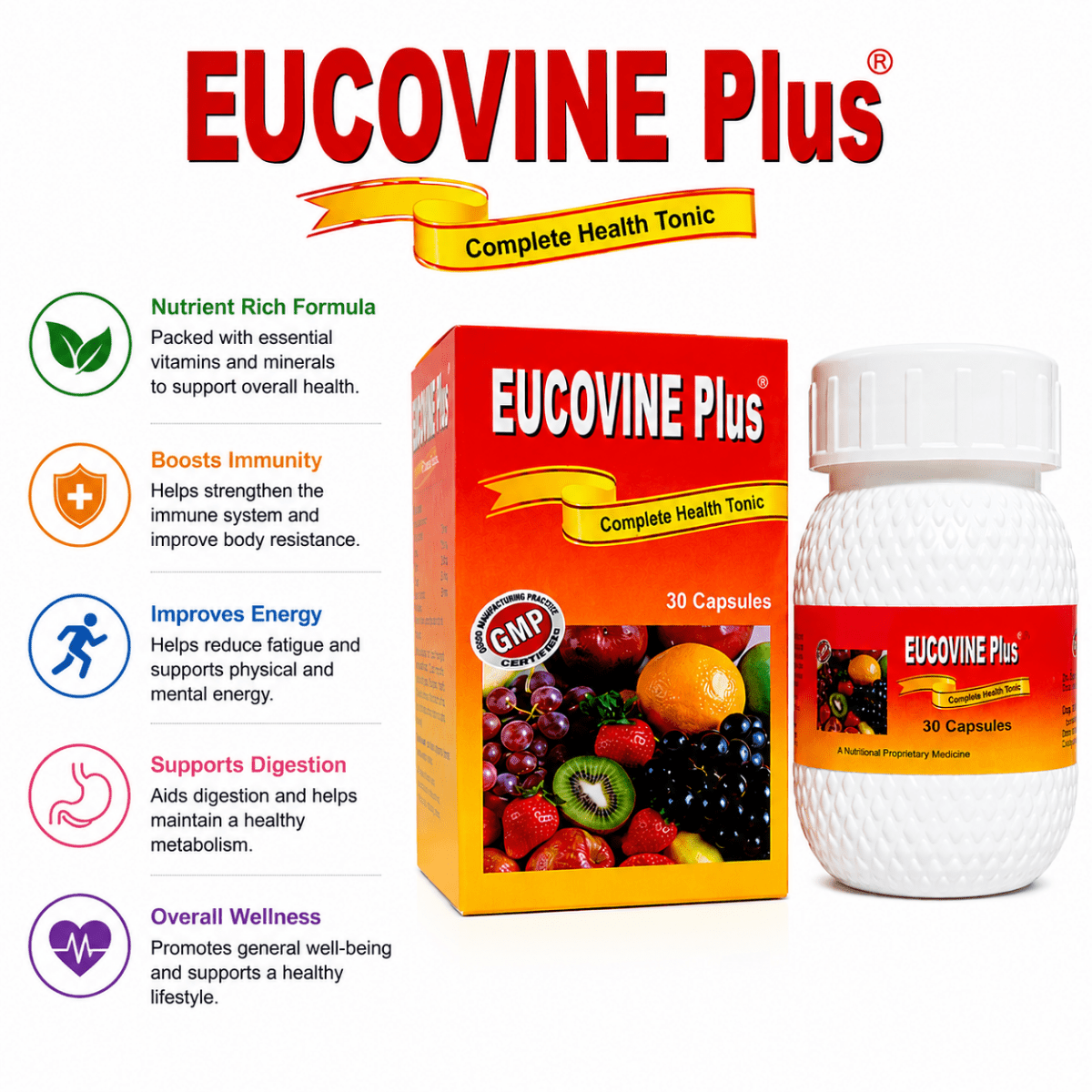 Ayurvedic vitamins abcdek Eucovine Plus capsule for physical weakness & muscle weakness (pack of 2)