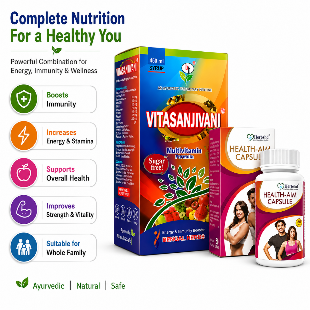 Multivitamin Syrup Vitasanjivani & Health Aim Capsule Combo (1+1)