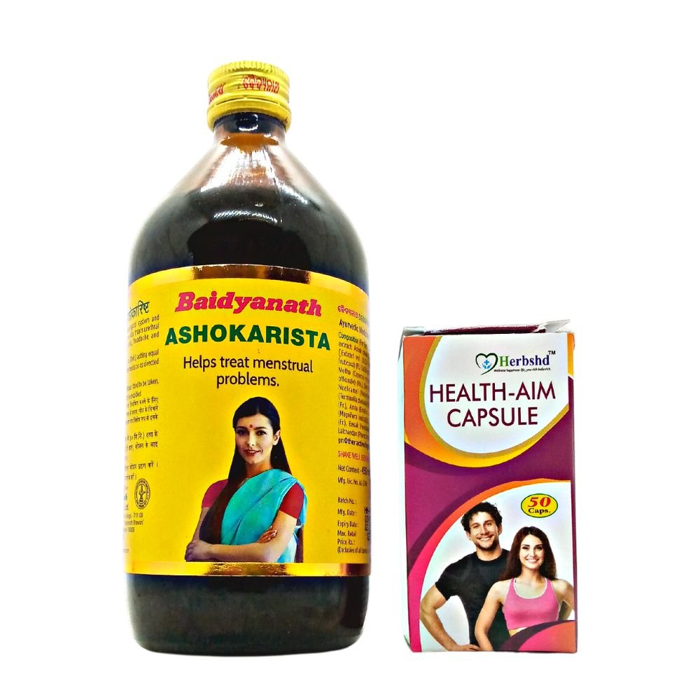 Baidyanath Ashokarista Tonic and Health Aim Capsule for Menstrual Problems. Tones the gynecological system.