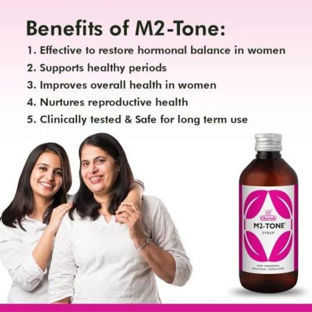 Charak M2 Tone Syrupfor menstrual cycle is a comprehensive formulation containing herbs like Ashoka, Lodhra.