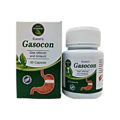 Eucon's Gasocon capsule gas reliever and Antacid ayurvedic medicine Also Indigestion, Dyspepsia, Flatulance, Hyper-acidity.
