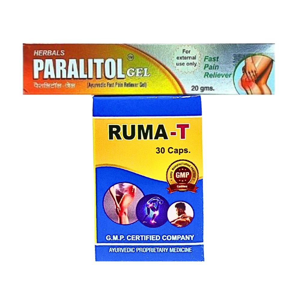Ayurvedic Fast Pain Relief Ruma - T Capsule & Paralitol Gel. For muscular pain, joint pain, rheumatic .